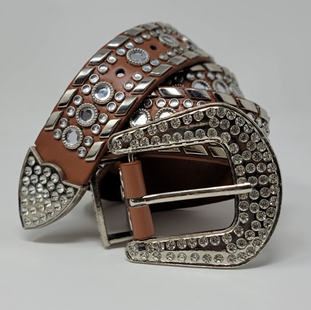 Studded Brown Leather Belt with Silver Accents